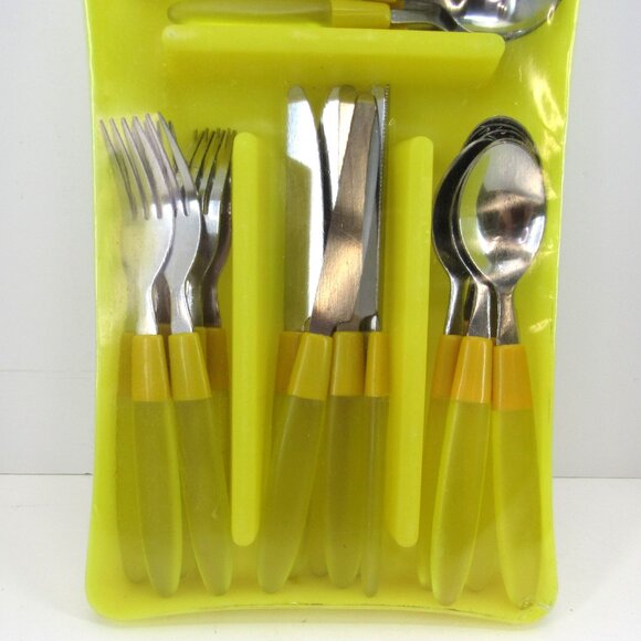 Flatware Set 24 Piece Yellow Lucite Handle and Stainless Steel w/Yellow Case New - Picture 3 of 8